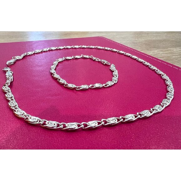 Silver Plated Metal Necklace 17.5 in & Bracelet 7.5 in, Unisex Set of 2 NEW - Picture 5 of 11